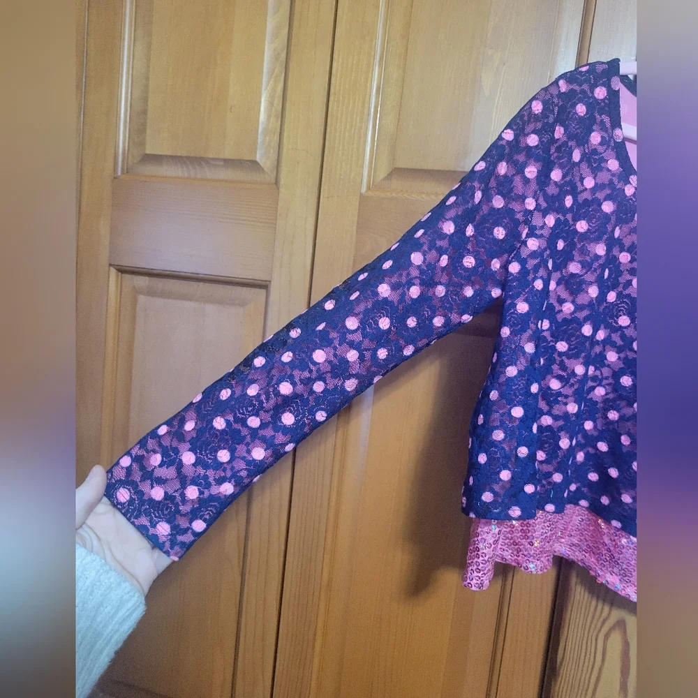 Justice Pink and Navy Blue Lace And Sequin Polka Dot Dressy Top 8